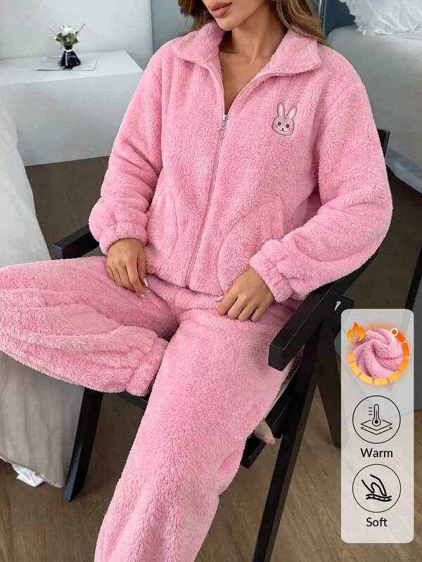 SHEIN Cute Bunny Embroidered Welsoft Plush Lounge Set