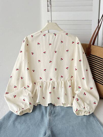 Tween Girl Apricot Cherry Long Sleeve Blouse , Loose Casual Fashion Versatile Daily, Back To School Fall/Winter