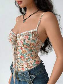 Cévolie Plus Size French Floral Cami Top, Lace Trim Ruched Front Slim Fit Corset Style Spaghetti Strap Blous - Multicolor - View 5