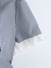 SHEIN Franclia 女款春夏黑白格紋對比蕾絲修身短袖襯衫上衣，適合休閒、鄉村風、野餐、校園、慕尼黑啤酒節 - 黑與白 - 查看 4