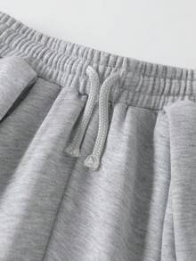 SHEIN Pantalones largos de unicolor con cintura con cordón, casuales y versátiles para uso diario para niñas preadolescentes - Gris - Ver 4