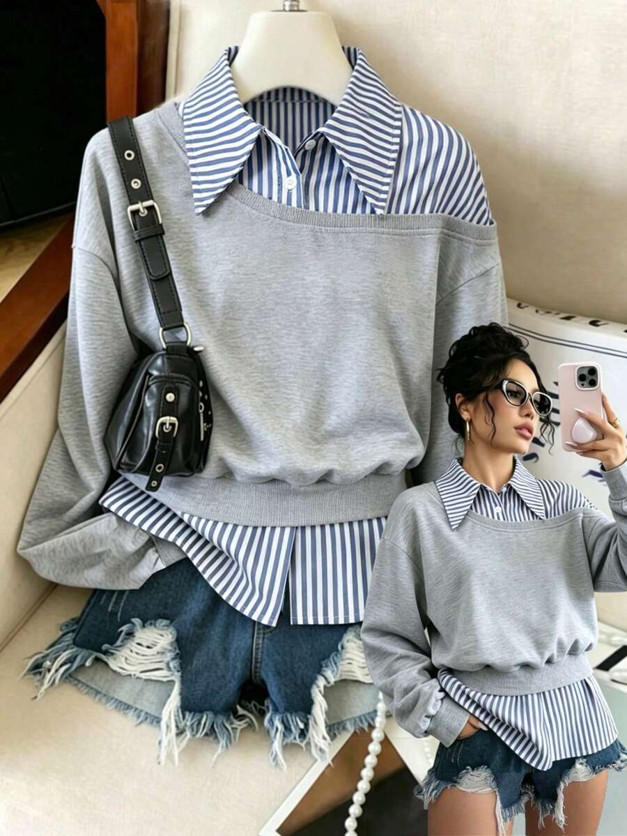 SHEIN Sparklyn 青少年女孩不對稱領口 2 合 1 運動衫,春/秋季新款條紋拼接學院風上衣,適合外出、返校和日常穿著 - 灰色 - 查看 1