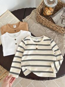 SHEIN LMoss Kids Kids Young Boy 3pcs Knit Solid Color Striped Crew Neck Casual T-Shirt Set - Multicolor - View 4