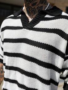 Artur Kramer Unisex Loose Striped Casual Minimalist Business Commute Polo Collar Short Sleeve Knit Pullover Top, Spring/Summer/Autumn - Apricot - View 6