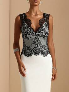 Vesra Lace Patchwork V-Neck Sleeveless Fitted Waist Bodycon Long Dress For Women - Multicolor - View 6
