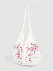 ROMWE Kawaii 1件時尚針織單肩包，白色鏤空梅花刺繡單肩包，適合日常穿搭 - 白粉色 - 查看 5