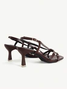 CUCCOO CHICEST French Premium Brown Square Toe Button High Heel Sandals, Commuter Dating Versatile Open Toe Slingback Sandals - Brown - View 6