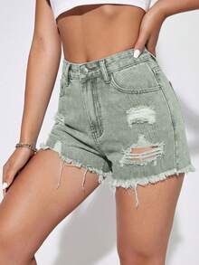 SHEIN Essnce 女款時尚百搭口袋鈕扣磨損毛邊牛仔短褲 - 綠色 - 查看 2
