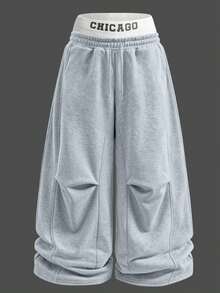 Manfinity Roghcode Men's Letter Print Colorblock Drawstring Waist Casual Daily Wide Leg Sweatpants - Light Grey - View 1