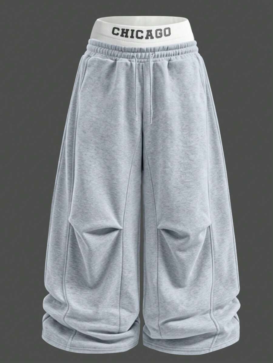 Manfinity Roghcode Men's Letter Print Colorblock Drawstring Waist Casual Daily Wide Leg Sweatpants - Light Grey - View 1