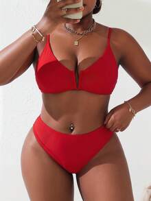 Slaydiva 2026新款大尺碼紅色V領無鋼圈性感度假夏季兩件式泳衣套裝海灘度假 - 紅色 - 查看 1