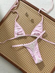 Swim Mod 女款夏季海灘拼色掛脖綁帶性感比基尼三角褲兩件式泳衣套裝 - 彩色 - 查看 6