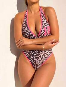 Swim SXY New Sexy One-Piece Swimsuit For Women With Color-Blocking Leopard Print Beach Vacation Pink Leopard Print Summer - Multicolor - View 3