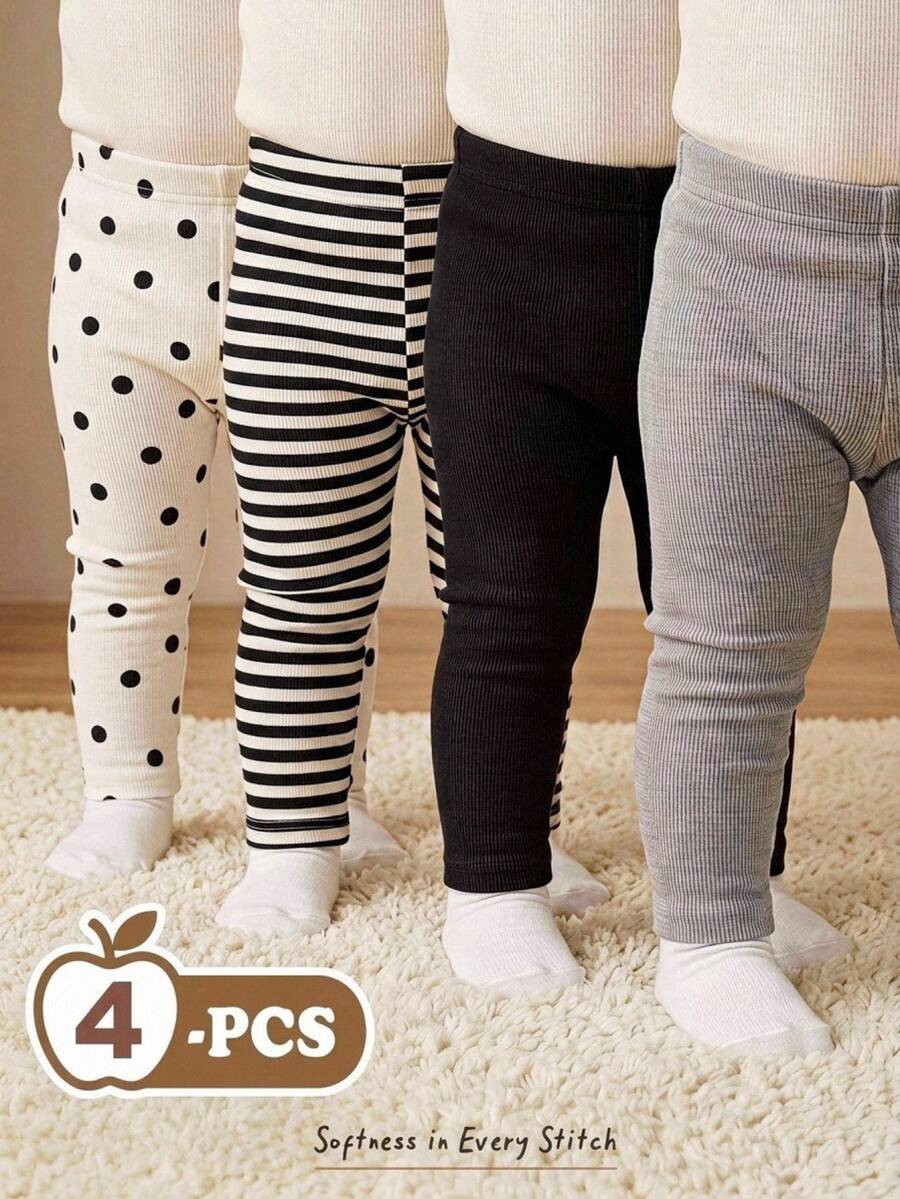 Cozy Pixies 女嬰 4件組針織柔軟彈性腰頭大地色系褲裝套裝,百搭舒適 - 黑與白 - 查看 1