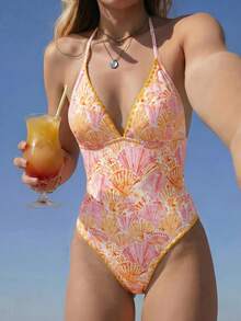 Swim Vcay 26SS Primavera/Verano Vacaciones Playa Floral Amarillo Color de Contraste Borde Diente de Perro Cuello Halter Una Pieza - Multicolor - Ver 6