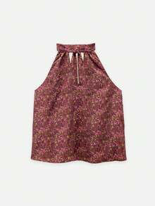 Nöista Floral Mandarin Collar Top With A-Line Fit For Summer Vacation And Casual Chic Looks. - Coffee Brown - View 7