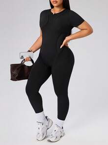 SHEIN Rhythm Era Spring Summer Plus Size Women's Sports Jumpsuit, Round Neck Short Sleeve, Front Split Seam, Back Cutout With Buckle, 9/10 Length, Black, Slim Fit - Black - View 7