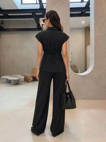 Rue Lumi 2pcs Casual Elegant Drawstring Shirt And Pants Set, Black, Suitable For Women, Summer Clothing, Commuter Wear - Black - View 2