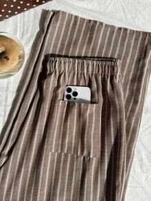 Comfortcana Plus Size Women's Waist Tie Striped Wide Leg Loose Casual Pants - Khaki - View 5