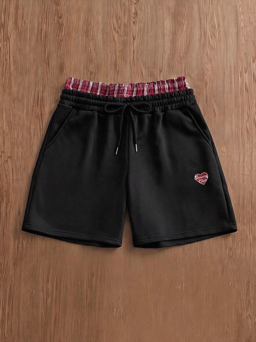 SWAVVY Men's Summer Casual Loose Shorts, Standard Size, Gray, Rubber Print Patchwork, Double Waistband - Black - View 1