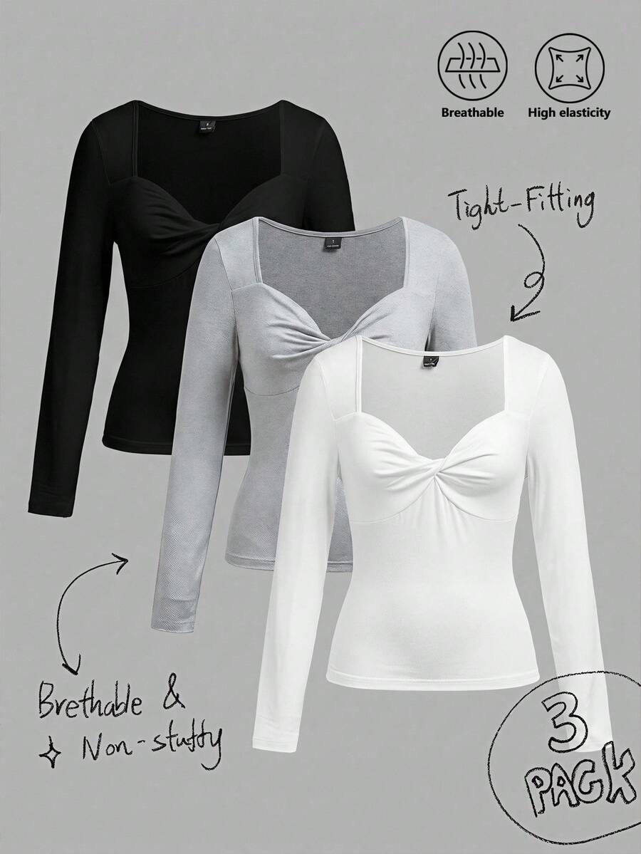 SHEIN EZwear 3件組秋季新款結飾方領女款T恤上衣,適合日常通勤、約會、派對,秋冬春夏皆宜,聖誕節、新年 - 彩色 - 查看 1