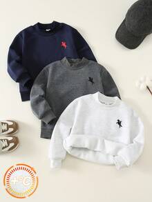 SHEIN 3pcs/Set Kids Young Boy Autumn Winter Cute Casual Versatile Knitted Long Sleeve Grey & Blue Sweatshirt All-Match Sweatshirt Multi-Pack - Multicolor - View 4