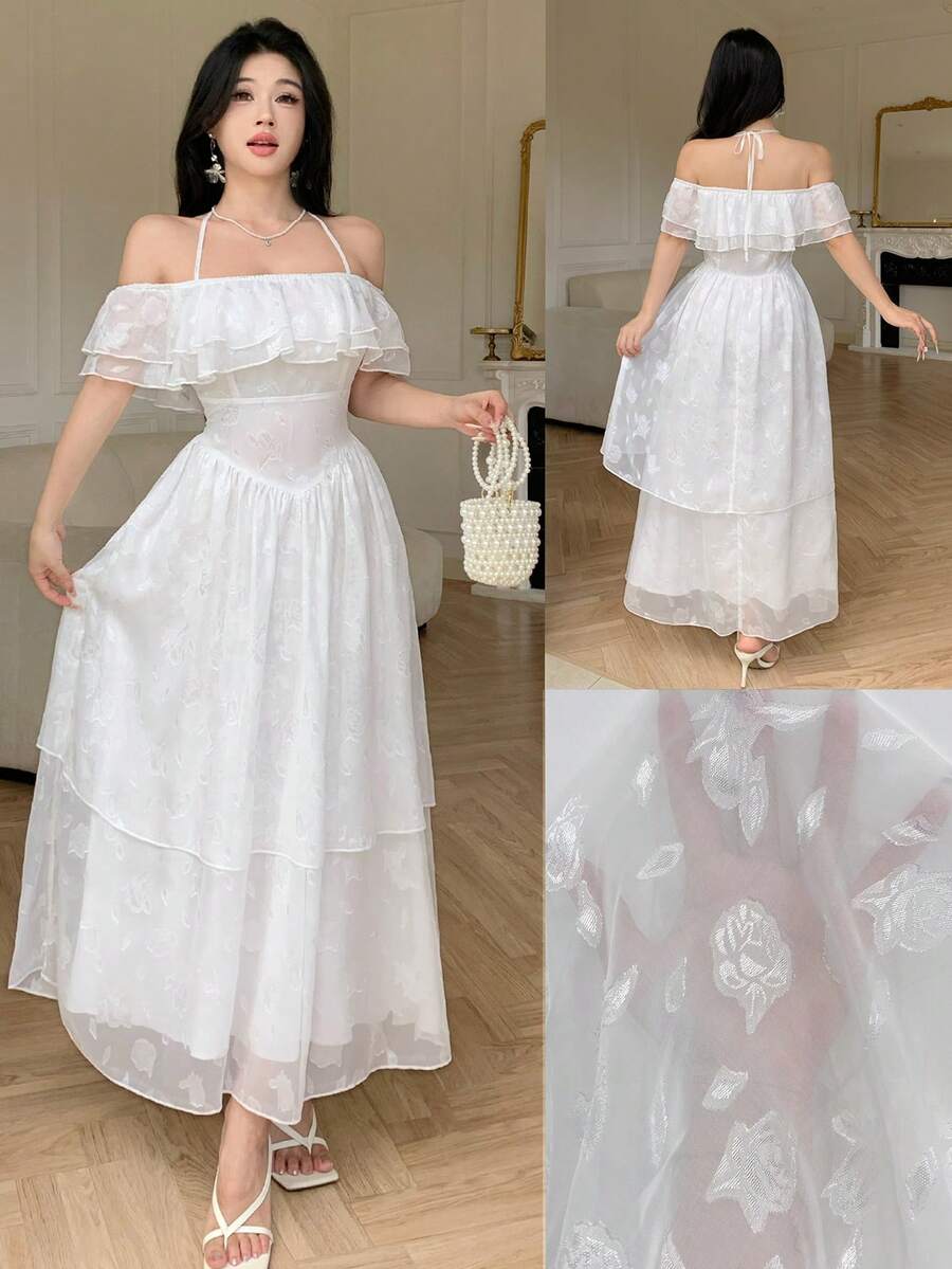 Modelyn 白色鏤空綁帶露肩荷葉邊優雅法式風夏季度假中長洋裝女款