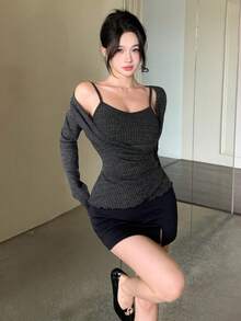 DAZY 女款秋季 2 合 1 灰色拼接露肩交叉式裹身長袖 T 恤，適合婚禮、日常、約會與休閒穿著 Y2K 風格 - 黑色 - 查看 9