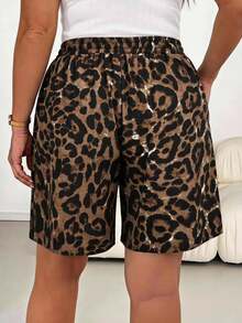 Shapeblank Plus Size Women's Loose Leopard Print Fabric Shorts, Casual Vacation Style, Suitable For Summer - Coffee Brown - View 2
