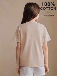 Anewsta Spring/Summer New Girl's Minimalist Modest Solid Color 100 Pure Cotton All-Match Versatile Short Sleeve T-Shirt Beige - Apricot - View 2