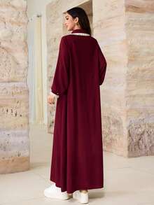 SHEIN Najma Women's Casual Elegant Arabian Dress With Polo Collar, Contrast Color Patchwork, Lace Trim, Long Sleeves, Button Front, Flared Hem And Textured Fabric - Burgundy - View 7
