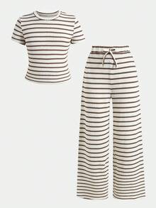SHEIN Kids Tween Girl Striped Colorblock Crew Neck T-Shirt And Drawstring Waist Loose Pants Set - Black and White - View 3