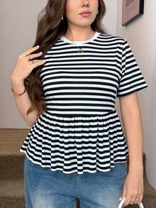 SHEIN LUNE Plus Size Women's Striped Crew Neck Short Sleeve Ruffle Hem Casual T-Shirt - Black and White - View 4