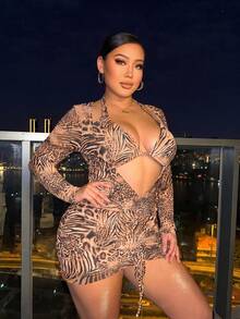 SHEIN X Sofía Suescun Swim SXY 大码女士豹纹吊带比基尼三件套，适合海滩度假 - 彩色 - 查看 5