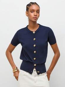 Maija Cárdigan de manga corta de unicolor versátil y casual para mujer - Azul Marino - Ver 8
