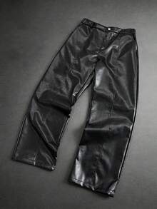 SLATEMANN Men's Black PU Leather Straight Leg Casual Fashion Versatile Pants - Black - View 6