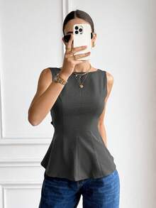 Serisse 女款素色後背打結無袖時尚上衣 - 灰色 - 查看 7