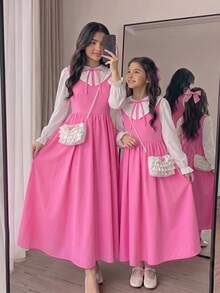 SHEIN Young Girl Young Girl College Style Colorblock Peter Pan Collar Long Sleeve Dress - Pink - View 4