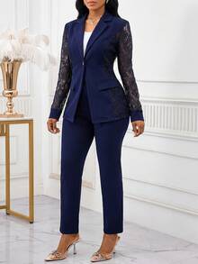 SHEIN Lady 四季海軍藍女式西裝套裝 蕾絲拼接套裝 夏季商務辦公 典雅休閒 - 藏蓝色 - 查看 2