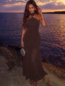 SHEIN Allurite Dunkelbraunes langes Damenkleid mit Neckholder und dekorativer Schnalle, sexy Sommerkleid für den Urlaub - Braun - Übersicht 5