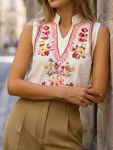 SHEIN Franclia Women's Sleeveless Shirt Small Stand Collar V-Neck Regular Fit Digital Floral Print Vacation Beach Style 2026 Summer Top Casual Boho Off-White - Multicolor - View 6