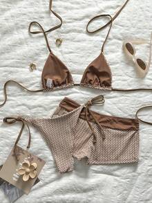 Swim Mod 女款春夏新款波點印花蝴蝶結裝飾V領掛脖露背三角比基尼套裝，含繫帶三角泳褲與低腰比基尼泳褲，3件式泳衣 - 彩色 - 查看 5