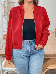 SHEIN Essnce Plus Size Women's Solid Color Long Sleeve Zip-Up Casual Baseball Jacket Fall - Red - View 3