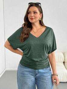 Shapeblank Große Größen Sommer Lässig Einfarbiges T-Shirt mit Fledermausärmeln - Dunkelgrün - Übersicht 4