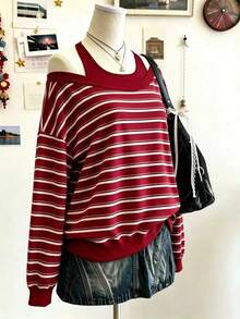 Lalippa 女款掛脖式 2 合 1 條紋拼接休閒百搭日常長袖衛衣 - 彩色 - 查看 3
