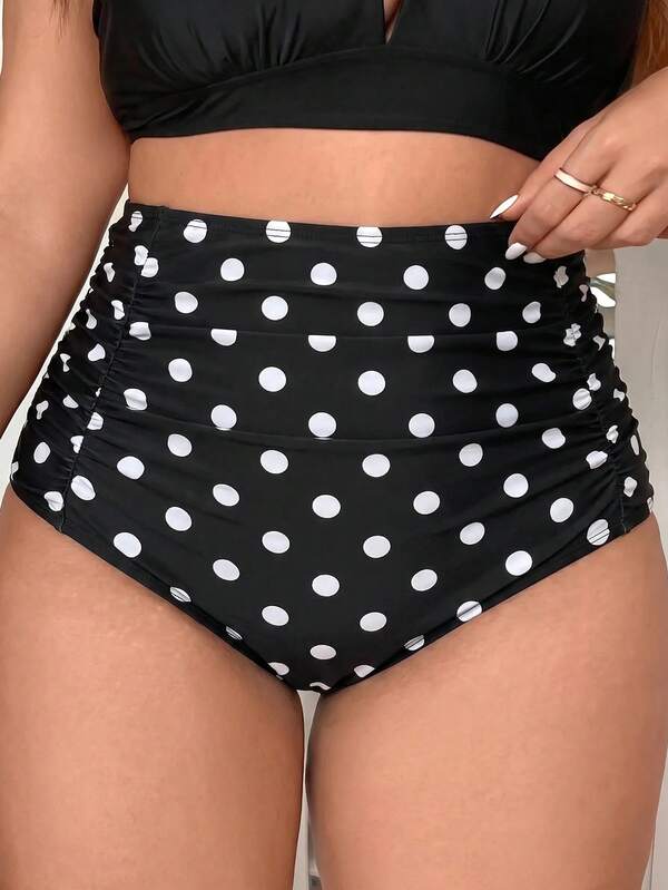 Swim Basics Bikini de talla grande con estampado de lunares, cintura ultra alta, control de abdomen fruncido