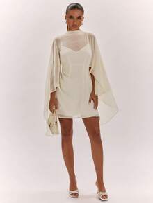 SHEIN BAE Vestido mini de mujer primavera/verano color albaricoque blanco, manga larga, cuello semi-alto, espalda descubierta, corte A, de gasa, minimalista, vestido blanco, vestido elegante, vestido sencillo para uso diario, vestido de vacaciones - Albaricoque - Ver 4