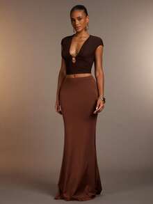 Hauture Women's Sexy Elegant Casual Solid Color Deep V-Neck Top With Stylish O Ring Decor, Perfect For Summer Vacations, Going Out Night Club Night Brown - Black - View 5