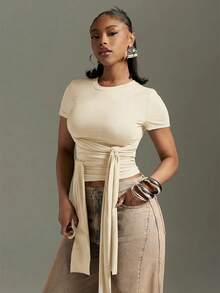Denimoi Front Drape Tie Detail Top Concert Outfits Fashionable Streetwear It Girl - Apricot - View 1
