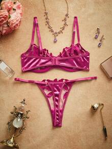 Women Fashionable Flower Printed Sexy Lingerie Set - Purple - View 2